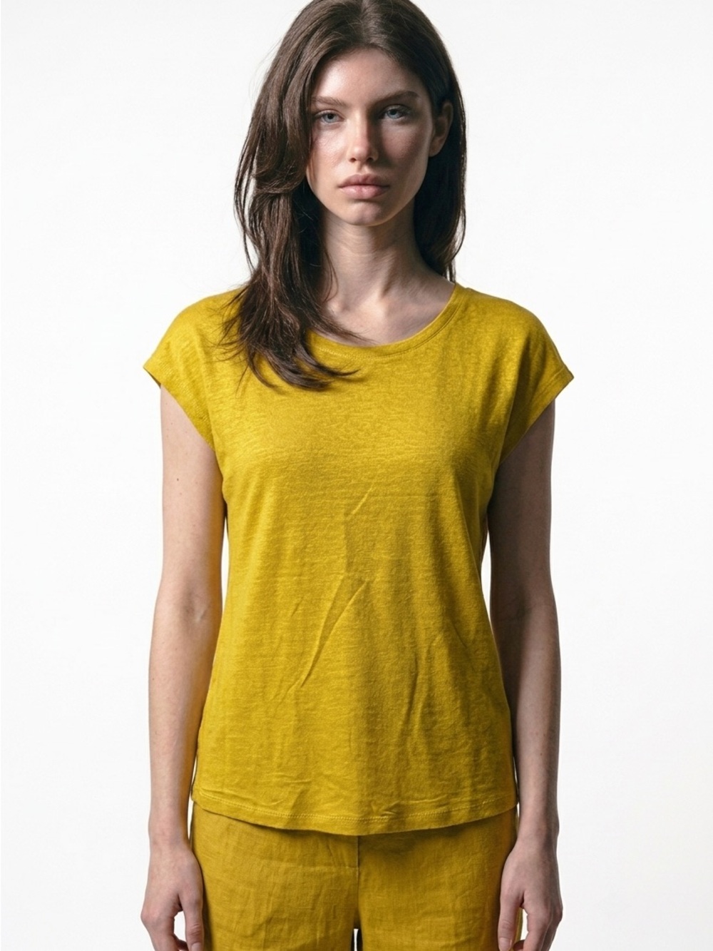 Tahari Womens MED Linen Blouse Button Back Mustard Yellow Dolman Pullover Top